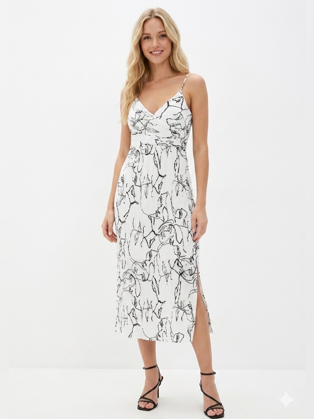 Banana Republic White Slip Midi Dress with Black Sketch Floral